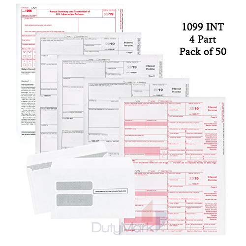 1099-INT Income Set, 4-Part, 2019 and 50 Self-Seal envelopes Included~Kit for 50 Vendors ~ Laser Forms Designed for QuickBooks and Accounting Software