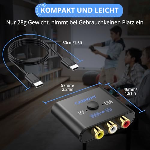 CAMWAY RCA to HDMI Adapter, 16:9/4:3 Conversion 1080P Composite CVBS AV RCA Video Audio Converter with 50 cm HDMI Cable, AV Adapter Supports PAL/NTSC for Wii/PS1/PS2/N64/Xbox/DVD/VCR