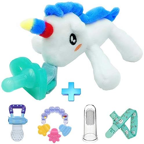 Mopop Unicorn Baby Infant Pacifier - Pacifier Holder,Pacifier Fruit Feeder,Teething Ring,Pacifier Clip,Baby Toothbrush,Baby Gifts,5 Pieces