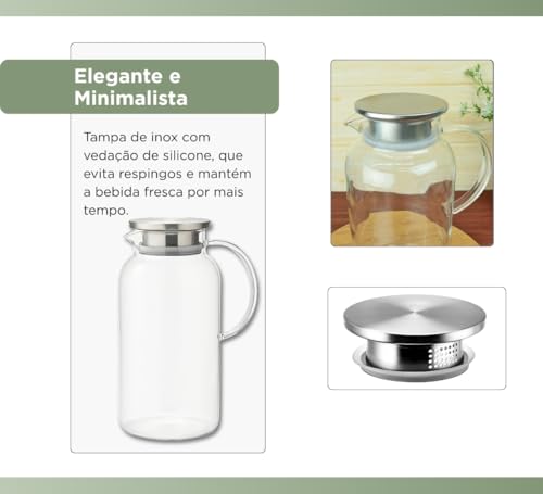 Jarra de Vidro Elegance Tampa de Inox 1,8L – Design Clean e Sofisticado, Estilo Atemporal, Ideal para Servir Água, Suco e Chá com Elegância KOALAECOM®