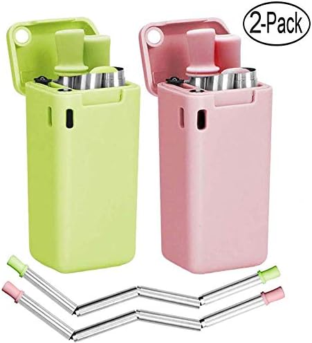 2Pack Collapsible Reusable Straws Portable Folding Stainless Steel Drinking Straws with Cleaning Brush Hard Case Holder for Travel Party Daily Use (Green&Pink)