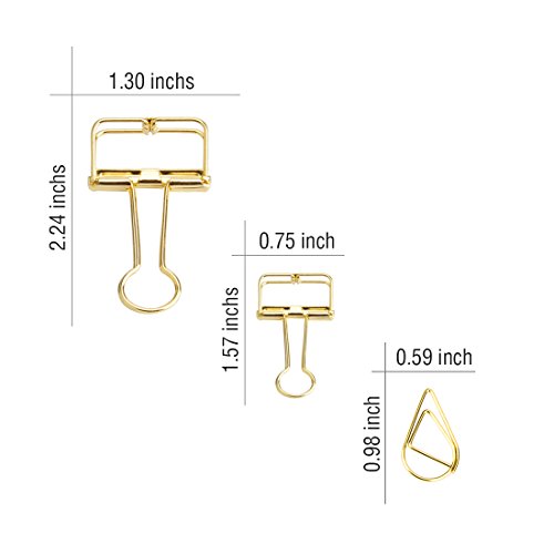 DeedyGo 15 Gold Binder Clips and 65 Cute Paper Clips Assorted Sized Smooth Stainless Steel Clips for Office School Supplies