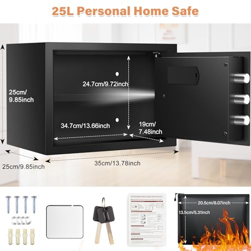 25L Safe for Home with Fireproof Waterproof Wallet, Digital Safe Safe with Removable Shelf and Alarm System, Wall Safe, Furniture Safe for Cash, Medication, Jewellery, A4 Documents
