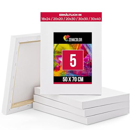 Zenacolor Leinwand auf Keilrahmen 5er Set - Leinwand Zum Bemalen 50x70-5 Canvas 100% Säurefreie Baumwolle - Leinwände Zum Bemalen für Alle Farbarten