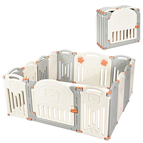 Corralito para bebés Costzon, parque infantil plegable de 14 paneles para el centro de actividades de seguridad para niños con puerta de bloqueo, bases de goma antideslizantes, forma ajustable, diseño portátil para uso en interiores y exteriores (beige + 