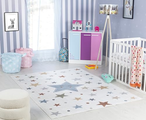 Livabliss Stelle Tappeto Bambini Tappeto Bambino Cameretta, Asilo o Sala Giochi, Tappeti per l'area della stanza dei Bambini, Accessori per Camera da Letto dei Bebè, Crema e Blu 160x213 cm