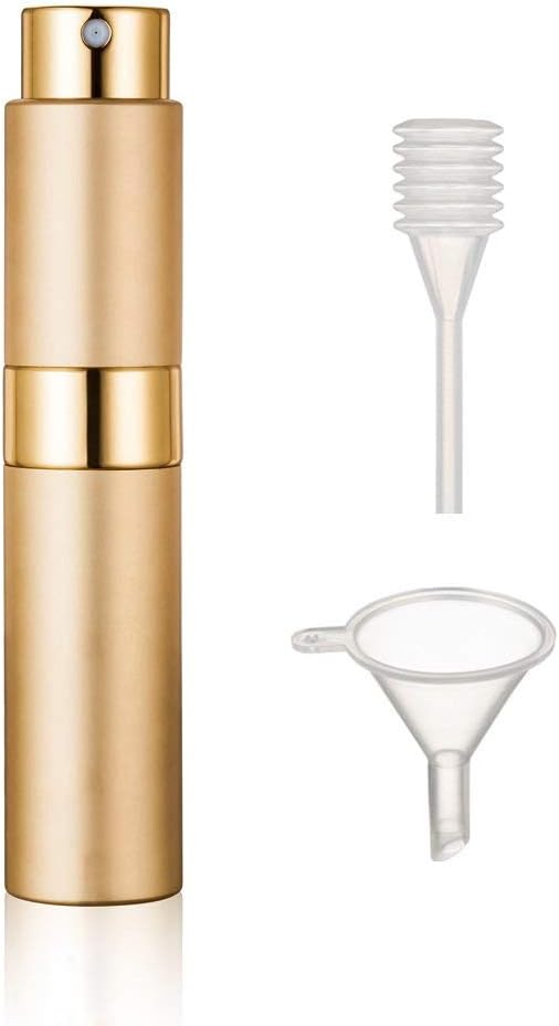 Refillable Perfume Atomiser Bottle, Twist-Up Aftershave Spray Bottle, Glass Mist Empty Bottle for Travel with Funnel Fillers, Leak Proof, (10ML / Gold)