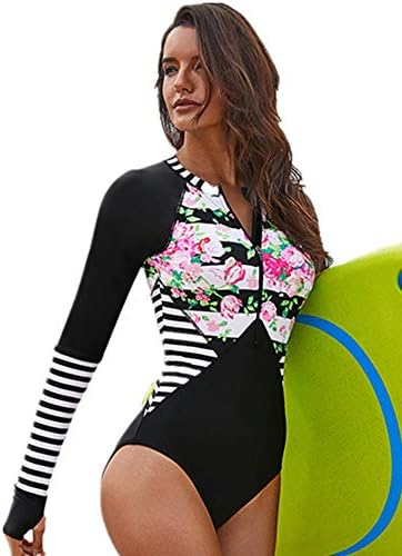 Womens Printed Zip Front Half Sleeve/Long Sleeve One Piece Swimsuit Swimwear