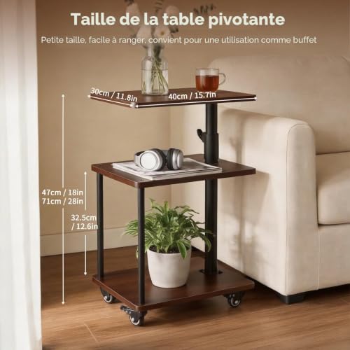 Bingyouth Side Table with Wheels 360° Swivel Tray Adjustable Height 47-71 cm Rolling Table Walnut End of Sofa with Storage Space Mobile Side Table for Living Room and Bedroom