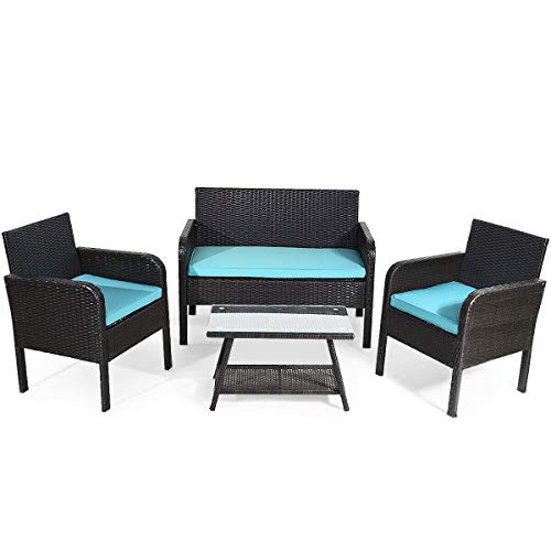Tangkula 4 Piece Patio Outdoor Conversation Set with Glass Coffee Table, Loveseat & 2 Cushio ...