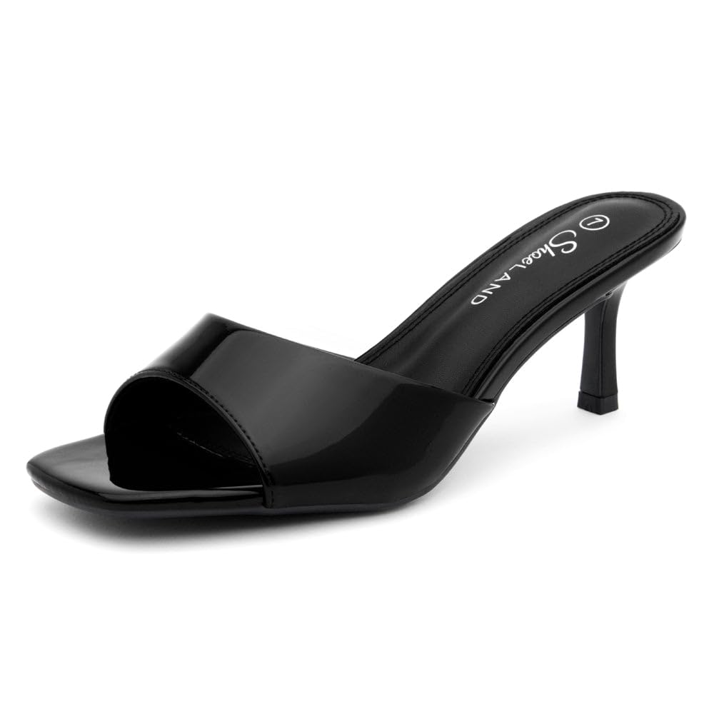 Photo 1 of Shoe Land Women's Low Heels Stiletto Heeled Slides, Open Toe One Band Slip-On Heeled Mules – Dressy Heeled Sandals for Prom, Party Wedding and Vacation, 9936Black, Size 6.0, Deverena