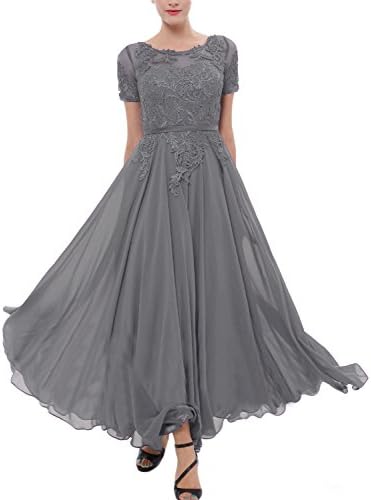 LMBRIDAL Women's Chiffon Tea Length Mother of the Bride Dress with Sleeves Grey 22W