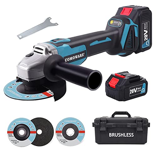 COMOWARE 20V Cordless Angle Grinder Kit, 4-1/2 Inch, Lightweight Brushless Angle Grinder Tool w/ 4.0Ah Lithium-Ion Battery & Fast Charger, Ergonomic Button Position for Reducing Hand Pressure
