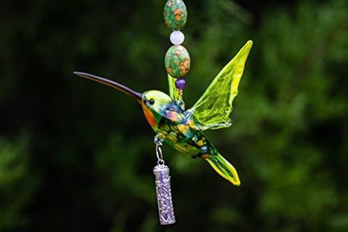 8" Hanging Collectible Murano Glass Green Headed Hummingbird Ornament with Silver Keepsake Pendant for Ash - Sympathy Gift