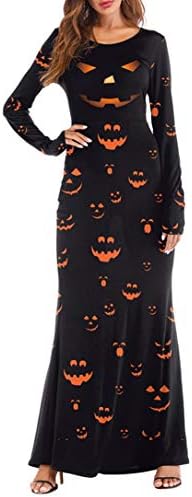 Corriee Halloween Dress for Women Scary Long Sleeve Pumpkins 3D Print Horror Party Long Dress Casual Maxi Dresses