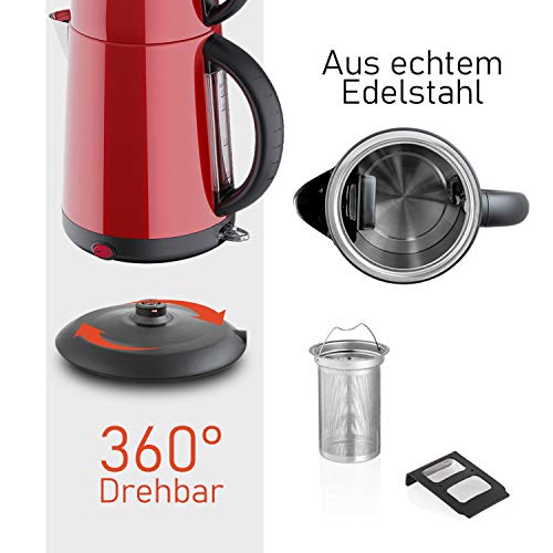 Edelstahl - Teekocher Wasserkocher - Rot - mit Teesieb Abschaltautomatik und Warmhaltefunktion - 2,7 Liter - 1850-2200W – Bild 3