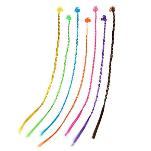 Bememo 21 pieces Nylon Braided Hair Neon Hair Braid Extensions Attachments with Neon Clip Snaps for Birthday Party Favors and Children Performance, 7 Colors