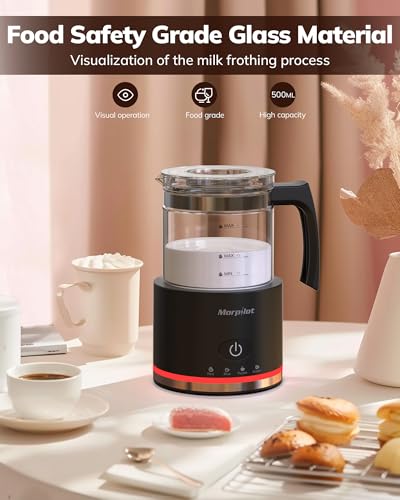 Morpilot Electric Milk Frother Glass Milk Frother 4 in 1 Function, Beautiful to See, Capacity 250 ml for Foaming or 500 ml for Warming, Split Design, Black
