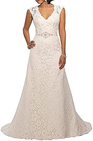 Ellystar Women's A-Line Lace Sleeveless Covered Button V Neck Bridal Dresses Ivory US12