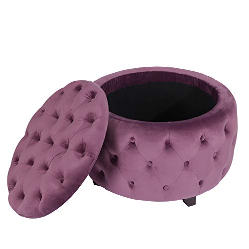 Homebeez Round Velvet Storage Ottoman, ButtonTufted Footrest Stool with Wood Legs (Purple
