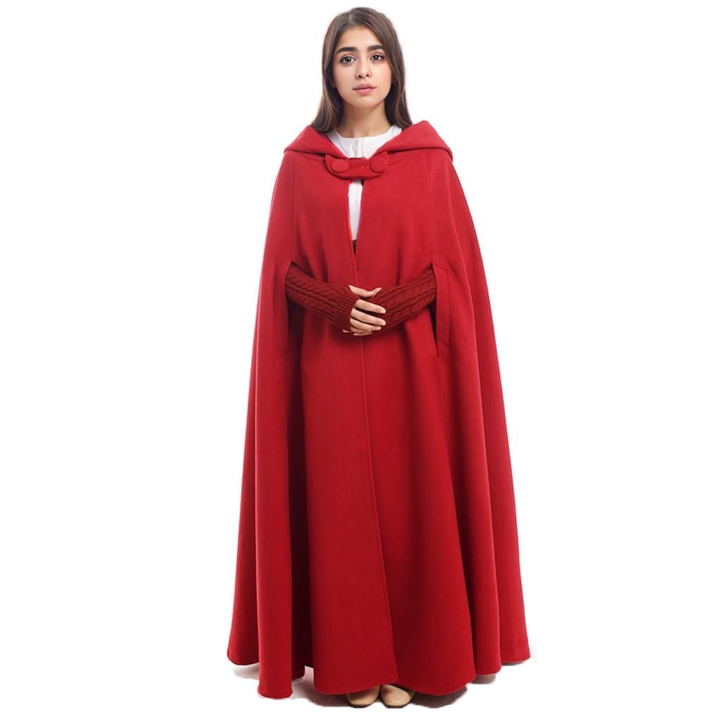 GRACEART Medieval Cosplay Robe Cloak Wool Blend Hooded Cape (Red)(Size: One Size)