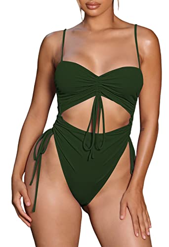Viottiset Traje de baño de una pieza con tirantes para mujer, corte alto, fruncido, con cordones, traje de baño con cordón, color verde militar, talla M, Ejercito Verde