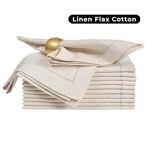 BEDDING CRAFT Set of 12 Linen Flax Cotton Cloth Dinner Napkin with Hemstitched 20x20 Natural, Mitered Corners -Perfect for Wedding, Dinner, Parties and Table Decorations