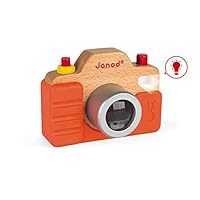 Janod Beech Wood Toddler Camera with Light & Sound Effects & Silicone Cover for Pretend Play Ages 18 Months+