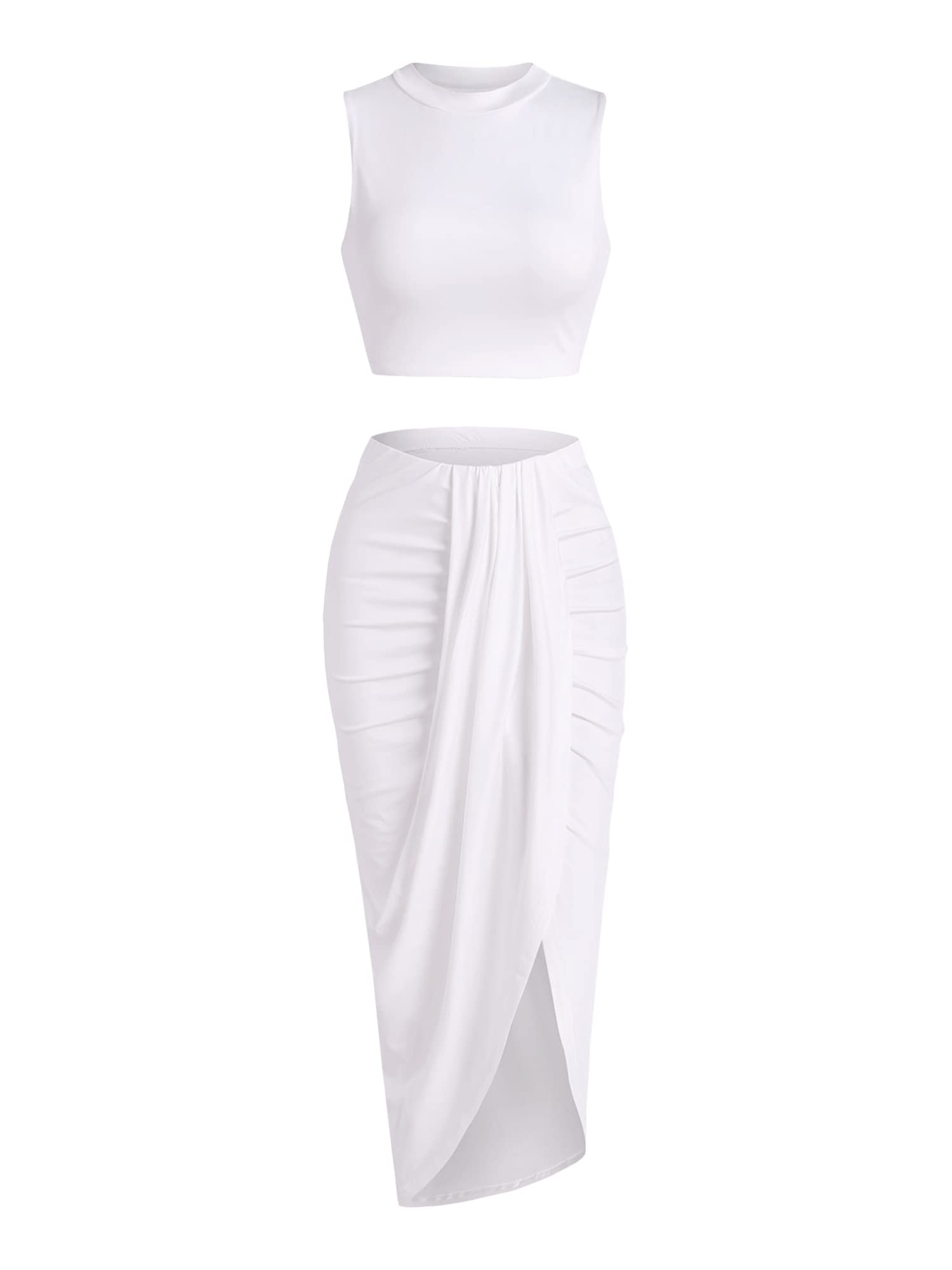 Photo 1 of ZAFUL Women's Summer Cover Ups Casual 2 Piece Outfits Crop Top and Slit Draped Ruched Maxi Skirt Set Tank Dress Set (B-White, L)
