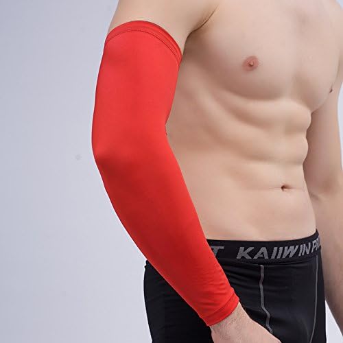 Sports Compression Arm Sleeve, Non Slip Inner Bands - Long Tattoo Cover Sleeve for Sunblock Running Golf Cycling Basketball Driving (Single Arm Sleeve) (Large, Red)