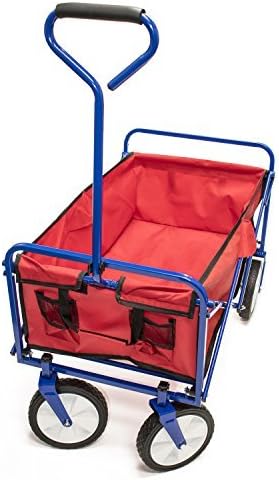 ALEKO Multipurpose Folding Utility Wagon With Padded Handle, Red With Blue Frame, 150 Pound Capacity