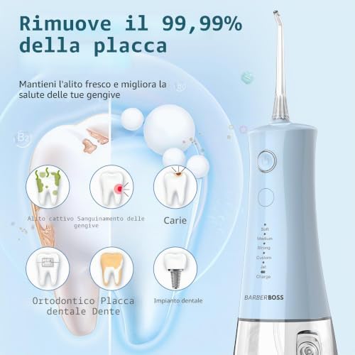idropulsore dentale, irrigatore orale elettrico senza fili, 5 modalità di pressione, serbatoio da 340 ml, impermeabile IPX8, dispositivo portatile per la cura delle gengive (Blu Pastello)