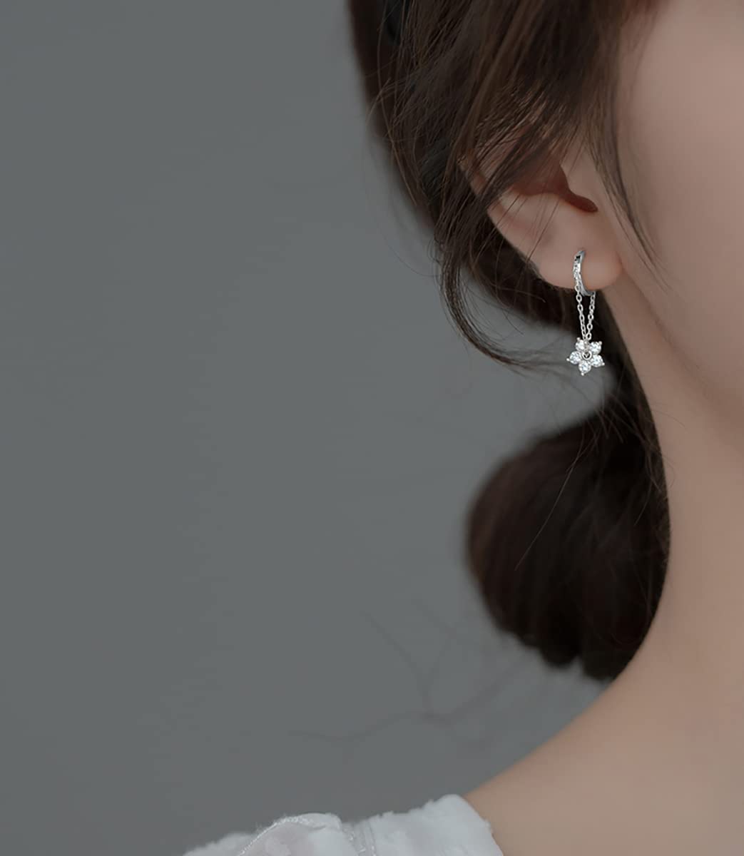 Reffeer 925 Sterling Silver Flower Chain Drop Earrings Hoop for Women Teens Huggie Hoop Dangle Earrings Chain