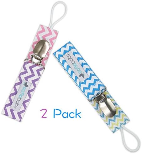 Pacifier Clip with Plastic Teeth - 2 Pack - Trendy 2-Sided Design, Durable Ribbon, Great Teething Ring Soothie Pacifiers Teether Holder for Boys and Girls, Unique Baby Shower Gift