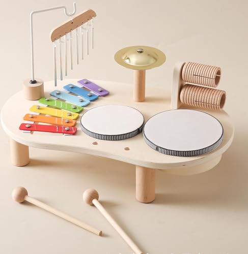 Conjunto de Instrumentos 5 em 1 (Incluindo Pratos), Conjunto de Instrumentos de Percussão, Conjunto de Tambor de Madeira, Kit Musical de Mesa de Madeira Premium, Xilofone