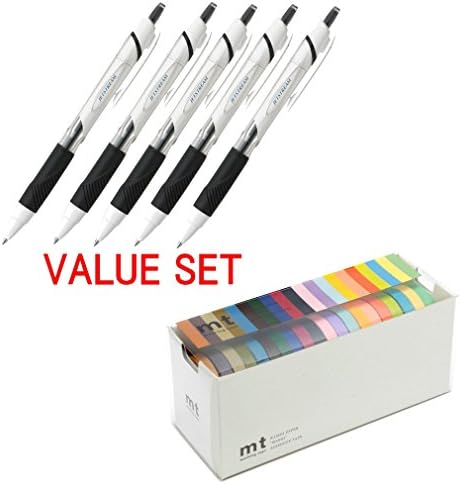 Uni-ball Jetstream Extra Fine Point Retractable Roller Ball Pens,-rubber Grip Type -0.5mm-black Ink-value Set of 5 + MT Washi Masking Tapes, Set of 20, Bright &amp; Cool Colors (MT20P002)