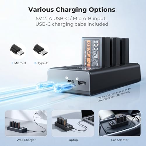 K&F CONCEPT 3-Pack NP-FW50 Battery and Upgraded 3-Slot ZV-E10 Battery Charger Compatible with Sony Alpha A6400 A6000 A6300 A6500 A5000 A5100 A7 A7II A7R A7RII A7S A7SII RX10 II III IV Cameras