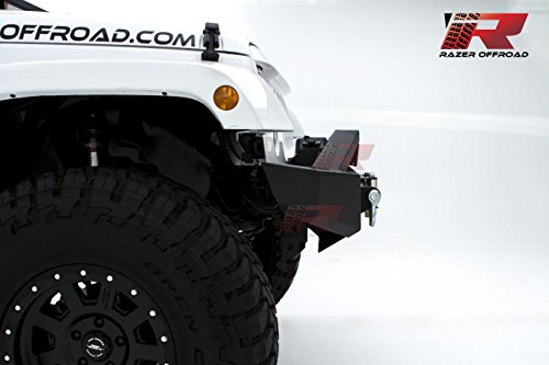 Razer Auto Black Textured Rock Crawler Stubby Front Bumper with OE Fog Light Hole, 2x D-Ring and Built-In 22" LED Light bar mount & Winch Mount Plate (Black) for 07-18 Jeep Wrangler JK - Thumbnail 3