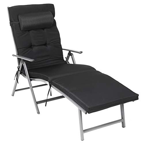 SONGMICS Liegestuhl, Sonnenliege mit 6 cm Dicker Matratze, aus Aluminium, rutschfest, atmungsaktiv, neigbar, maximale Belastung 150 kg, schwarz, GCB24BK