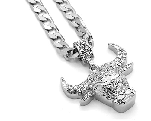 Mens Silver Tone Small Iced Out Bull Pendant with 5mm 24" Cuban Necklace Chain
