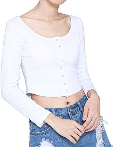 Moda Jihan Women;s Buttons Cotton Tees Crop Tops T Shirts (m, white long sleeve)