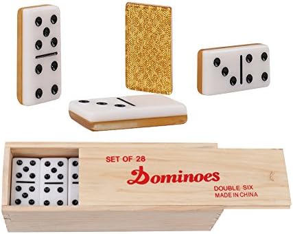 Double 6 Dominoes Set Table Games- Sets of 28 Black Dot Acrylic Tiles Gold - White Two-toned Dominos With Convenient Wooden Case For Kids and Adults In Home Company or School(2-4 Players)