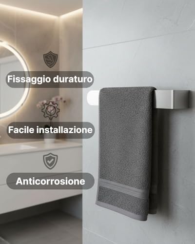 HOLESS - Bathroom Towel Holder - Stainless Steel - Strong 3M Adhesive - No Drilling - Easy to Install - Supports Up to 5kg - Length 37cm