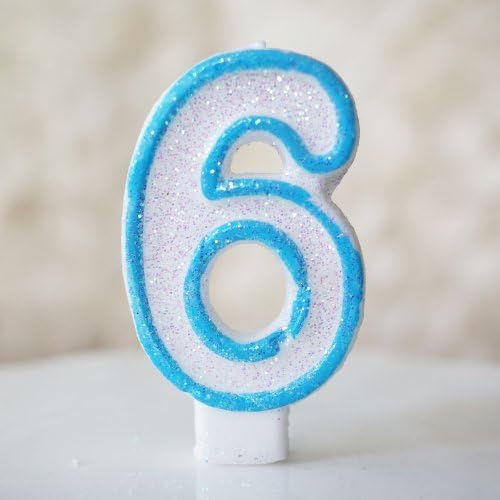 Number "6" Numerals Birthday Party Cake Candle - Glitter Blue &amp; White