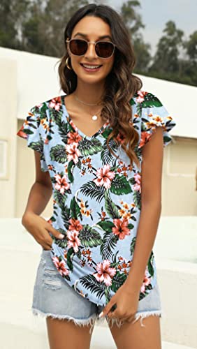 NANYUAYA WOMENS SUMMER TOPS RUFFLE SHORT SLEEVE TSHIRT CASUAL V NECK FLORAL PRINT SHIRT