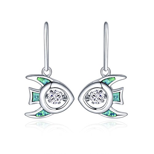 YL Dancing Diamond Sterling Silver Created Opal Cubic Zirconia Sea Fish Dangle Earrings