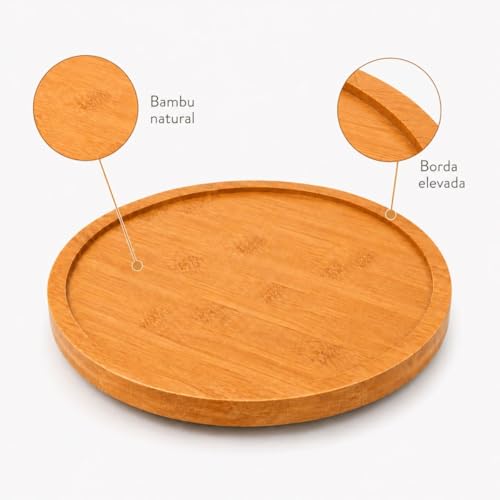 Bandeja de Bambu Redonda Giratória 360° Multiuso 26Cm para Servir Petiscos, Queijos e Frios