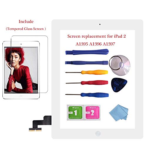 for iPad 2 Glass Touch Screen Digitizer Replacement Kit White A1395 A1396 A1397 with Home Button Flex, Adhesive Tape, Midframe Bezel, Screen Protector, Instruction Manualï¼Œand Repair Toolkit
