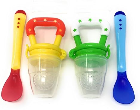 URRA USA Baby Food Feeder 2 Pack Fresh Fruit Feeder. Infant Teething Silicone Feeder (Green &amp; Yellow) 2 Pack Baby Spoons (Blue &amp; Yellow) + 2 FREE Baby Finger Toothbrush (Clear)