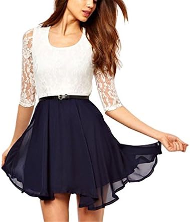 hendeo Womens Prom Casual Mini Short Chiffon Stripe Stitching Lace Dress White &amp; NavySmall
